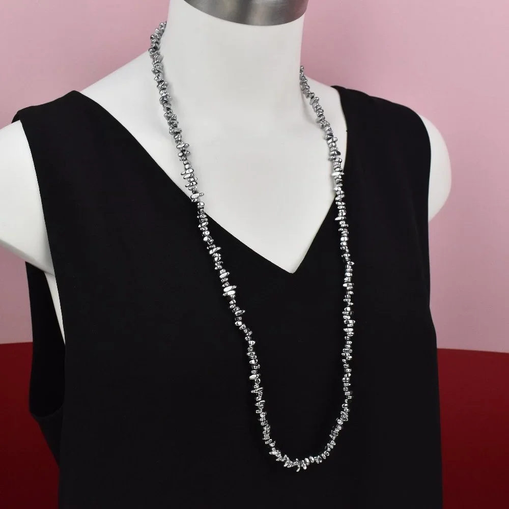 Super long silver hematite necklace boho, unique unusual stone necklace